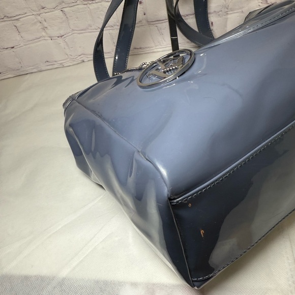 Armani Jeans Tote Blue Gray Patent Leather Large Shoulder Bag w/Bag Charm Silver - Picture 12 of 13